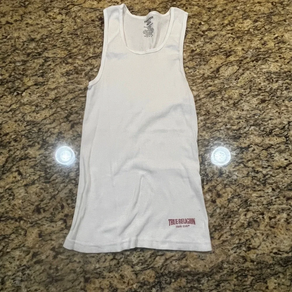 True Religion Mens Ribbed Tank Top White Sleeveless Undershirt Logo Medium